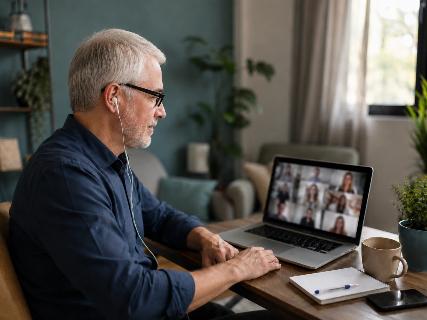 Pessoa participando de encontro online em ambiente tranquilo.